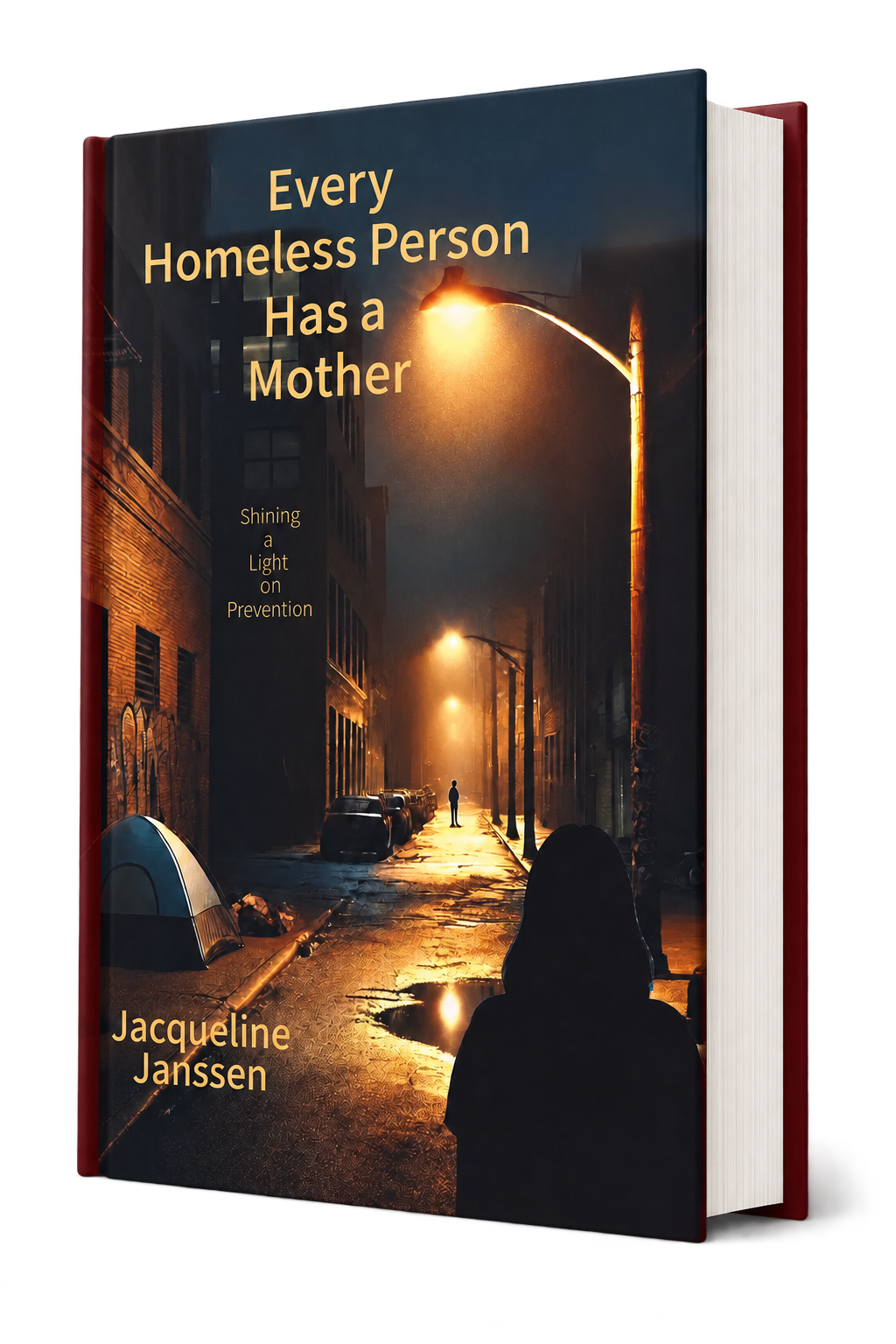Hardback edition of Every Homeless Person Has a Mother by Jacqueline Janssen, showing the burgundy cover boards and layered white pages